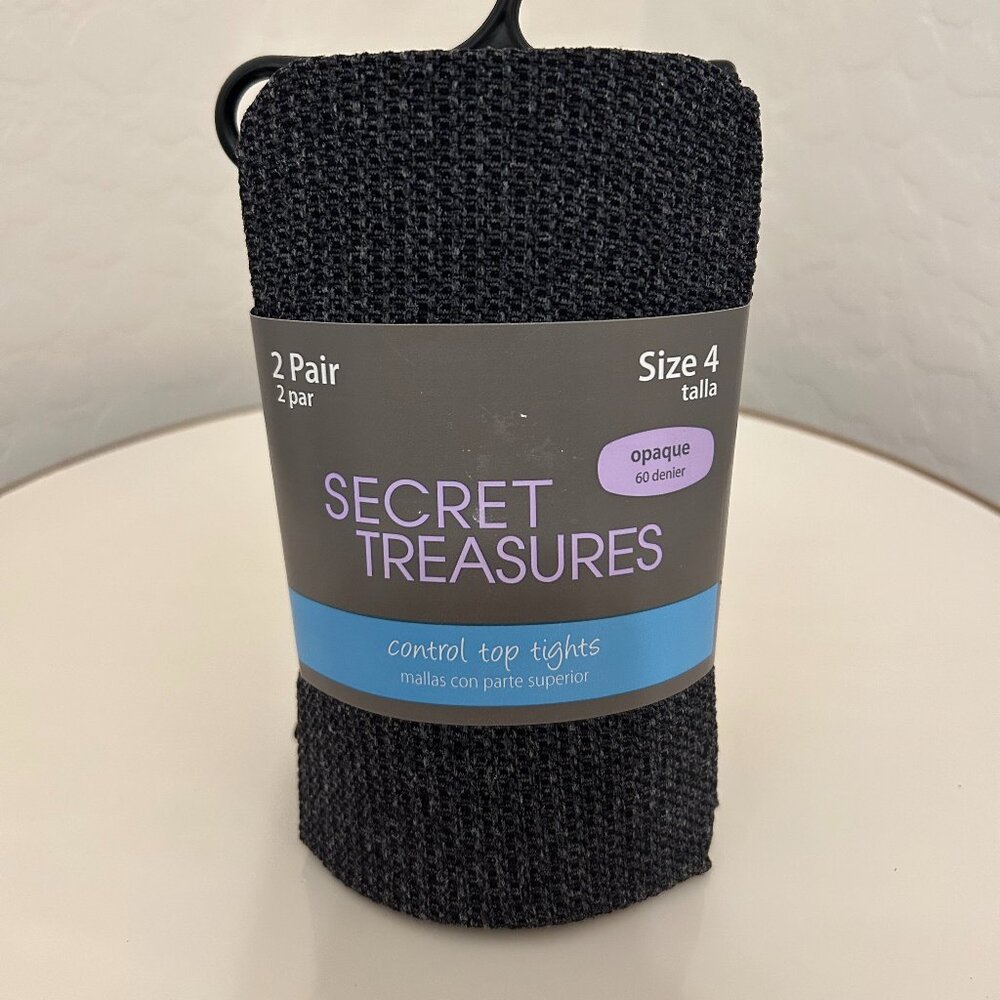 NWT SECRET TREASURES 2 PAIR CONTROL TOP TIGHTS SIZE 4 CHAROCOAL/BLACK OPAQUE